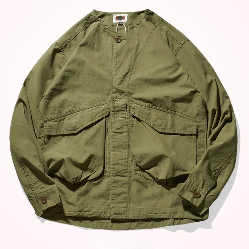 Men s T Shirts Collar free men s fashion youth Japanese retro frock shirt jacket made of old washed pocket 230715
