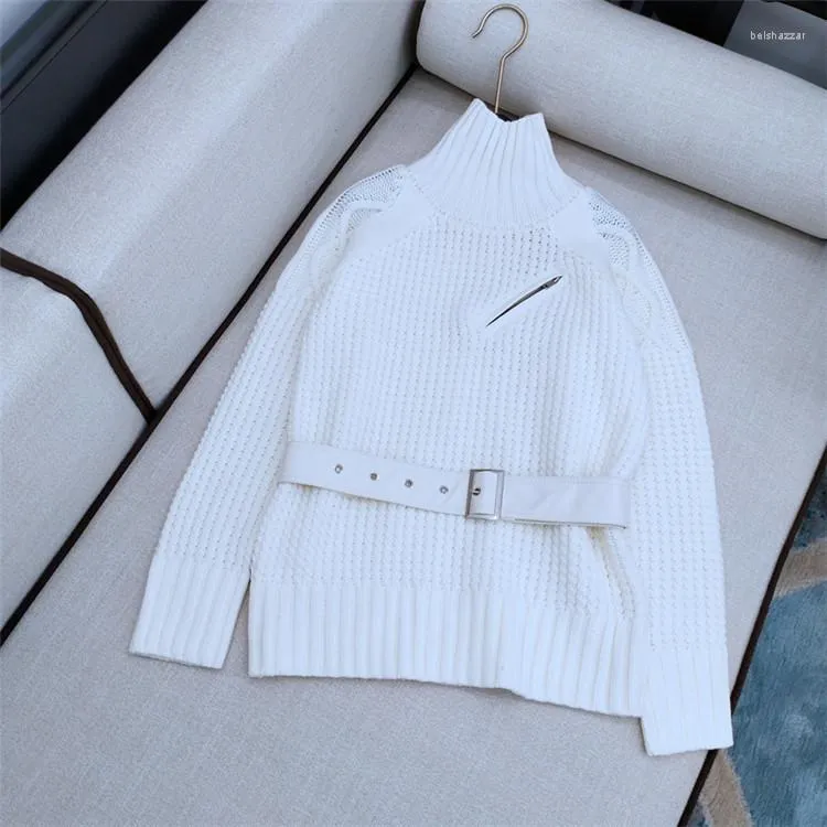 Kadın Sweaters 2023 Sonbahar Kış Moda Tasarımı Kadın Yavurucu Uzun Kollu Patchwork Pu Deri Kemer Örme Sökü Kazak
