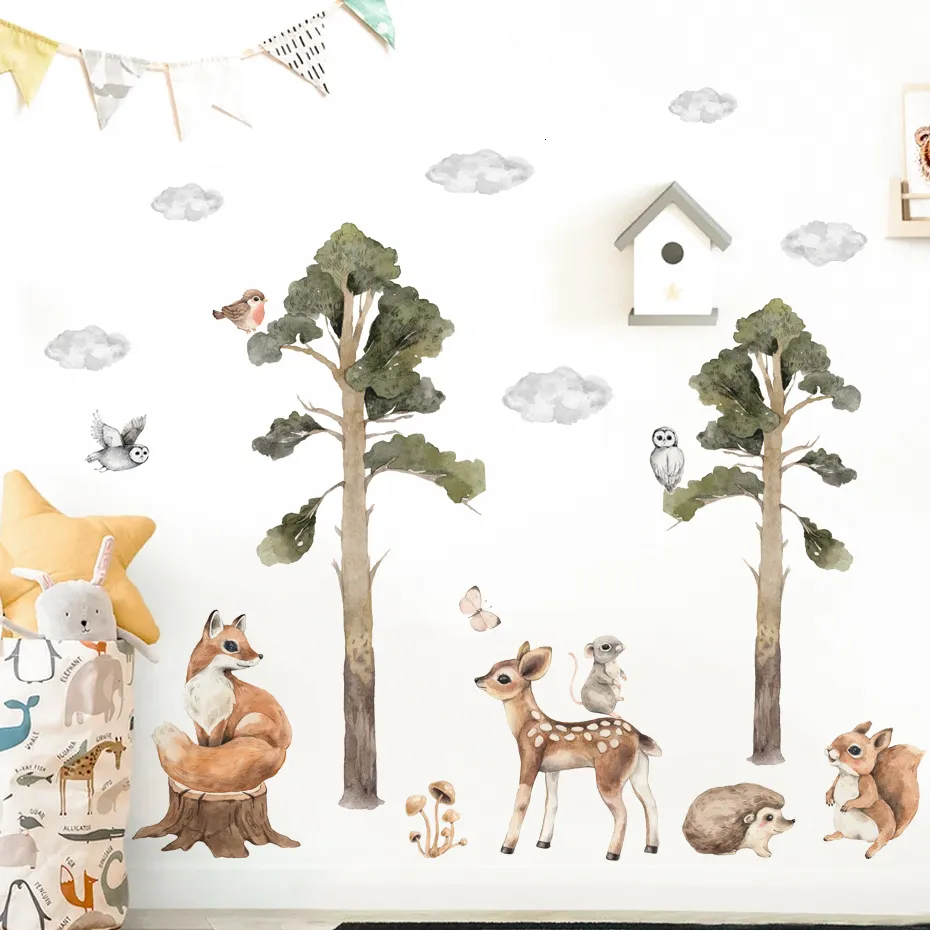 Adesivos de parede de desenhos animados fofos animais da floresta veados árvore adesivos de parede aquarela vinil jardim de infância adesivos de arte para quarto de bebê decoração de casa 230714