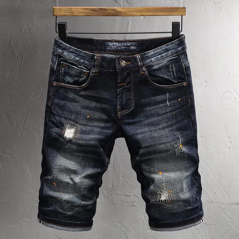 Heren Jeans Zomer Mode Ontwerper Heren Retro Zwart Blauw Elastisch Borduurwerk Korte Ripped Patched Vintage Denim Shorts Hombre