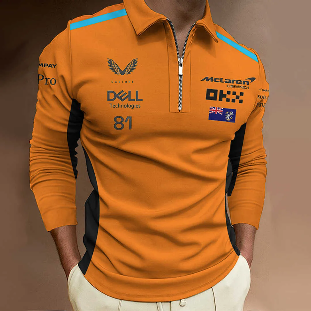 New Hot F1 Formula 1 Racing Mclaren 81 Polo da uomo a maniche lunghe Sport all'aria aperta Polo con cerniera traspirante Top Designer Felpa con cappuccio Moda