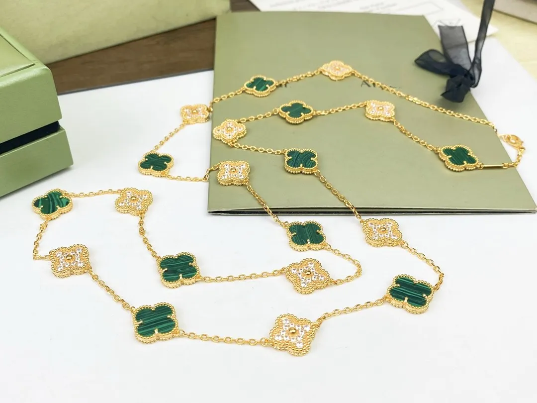 Colar clássico Van Vintage com pingente de cobre com banhado a ouro 18k verde concha mãe cristal completo trevo de quatro folhas 20 peças flores suéter longo caixa de corrente presente feminino