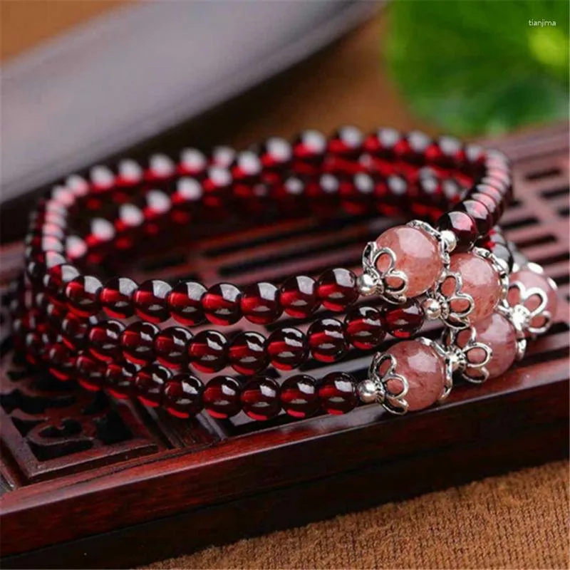 Strand 6mm Natural Wine Red Garnet Strawberry Quartz Diy Three Times Armband för Women Femme Crystal Round Bead Armband Gift