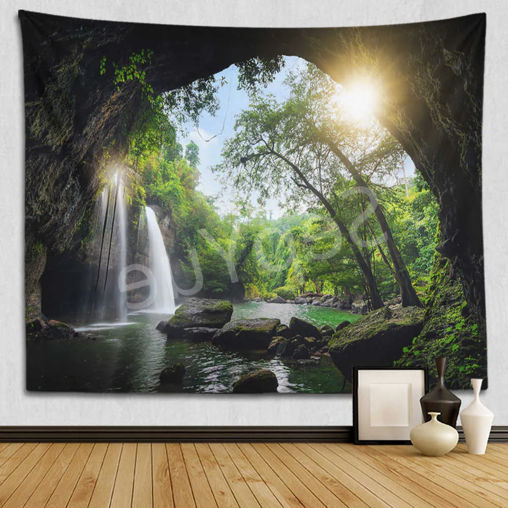 Tapisseries Dôme Caméras Paysage Tapisserie Tenture Murale 3D Grotte Boho Forêt Cascade Grand Tissu Tapisserie Murale Décor À La Maison Esthétique Chambre Decoracion R230714