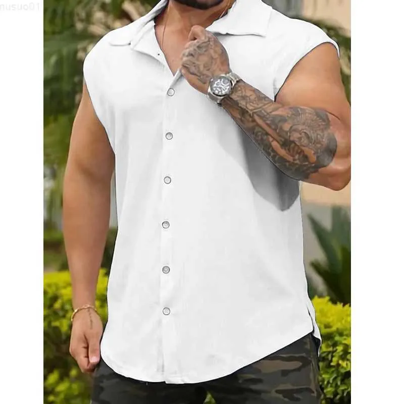 Camicie casual da uomo Camicie senza maniche larghe casuali Camicie da uomo Moda estiva con bottoni Colletto rovesciato Tinta unita Canotte Abbigliamento uomo Streetwear L230715