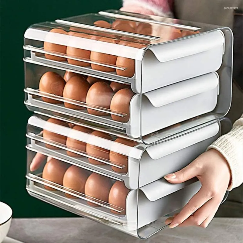 Bottiglie di stoccaggio Contenitore per uova in plastica trasparente Contenitore per alimenti antigoccia Supporto per vassoio tipo cassetto frigorifero