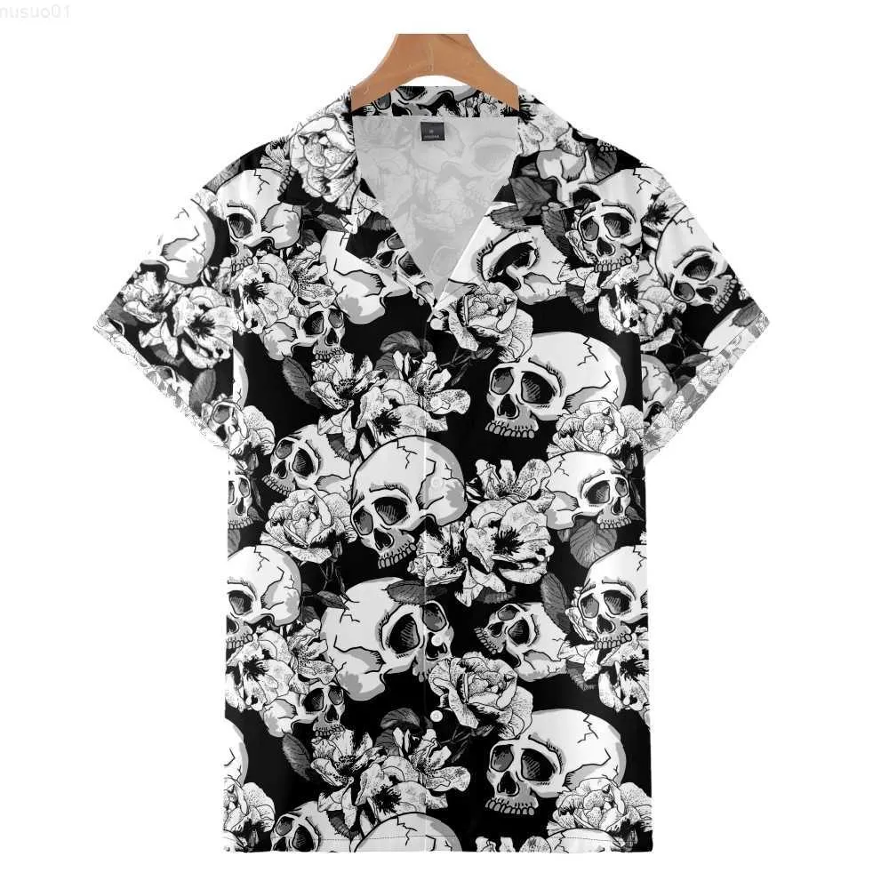 Camisas Casuais Masculinas Moda Masculina Estilo Cubano Camisa Haiian Flor de Caveira Estampa 3D Aconchegante Casual Manga Curta Praia Roupas Grandes 1 L230715