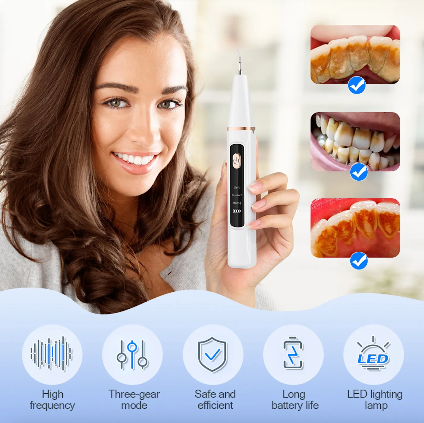 ثلاث سرعات تعديل الأسنان تبييض أداة USB القابلة لإعادة الشحن بالموجات فوق الصوتي