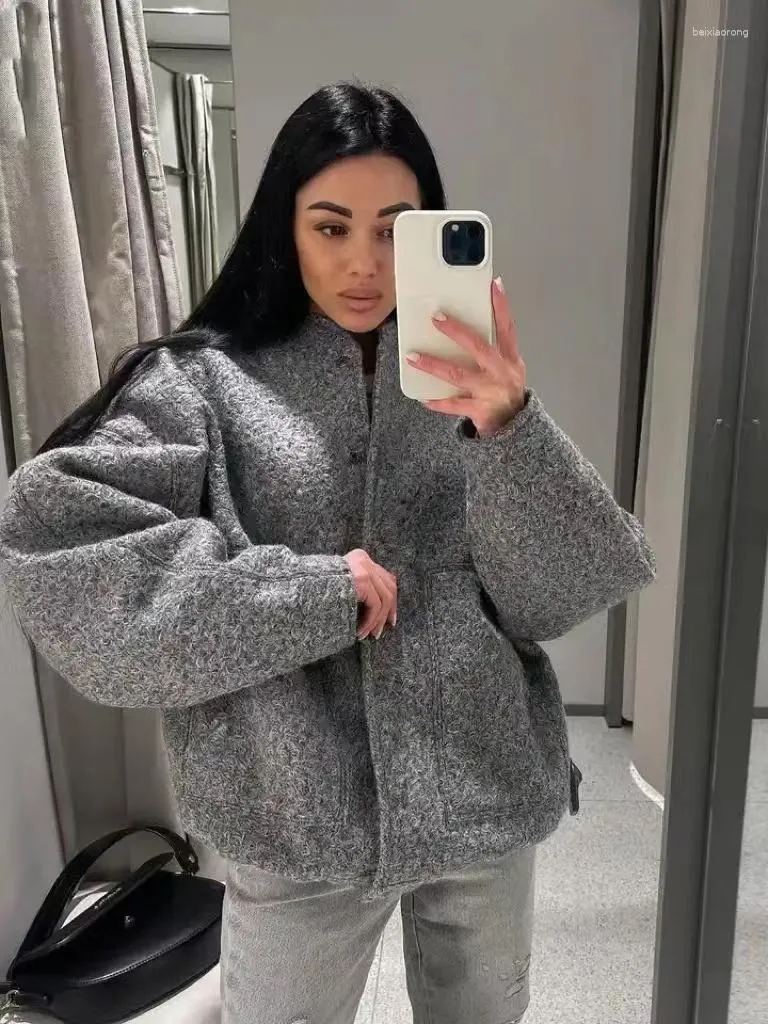 Vestes pour femmes 2023 automne hiver avec boutons Bombers gris à manches longues manteau dame Vintage chaud poches vêtements d'extérieur