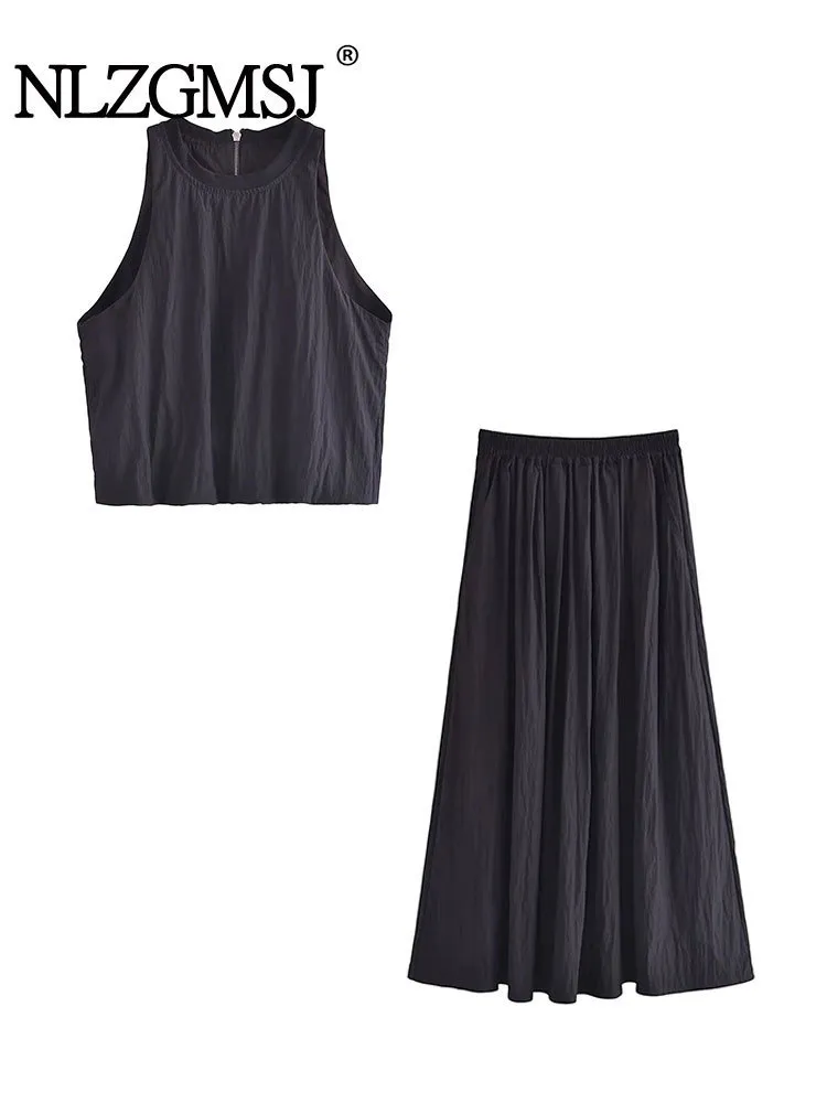 Dwuczęściowa sukienka NlZgmsj Traf 2023 Summer Black Bubble Bluzka Top Wysokie pasy Stylne spódnice dla kobiet garnituru Streetwear 230715
