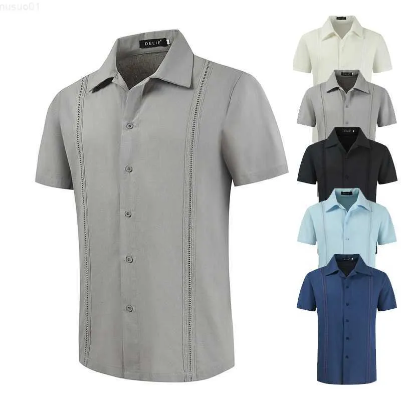 Mäns avslappnade skjortor män bomullslinne skjorta kort ärm Turn-down krage solida skjortor för män 2023 sommar kuba guayabera stil manlig strandskjorta l230715
