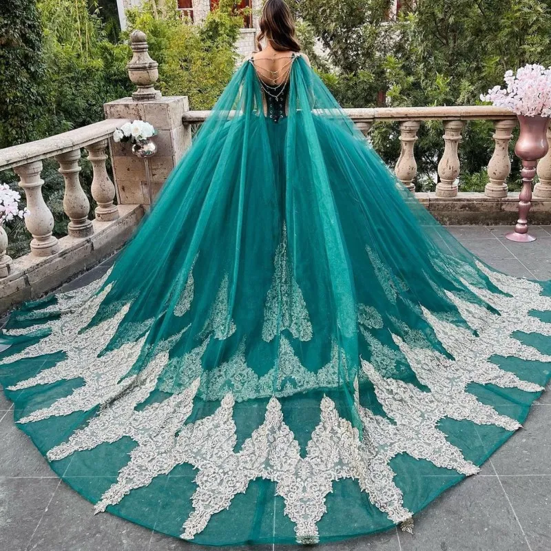 Emerald Green от плеча платье quinceanera с платьем на мысе балл vestidos de xv anos anpplique кружевое хрустальное платье для вечеринки