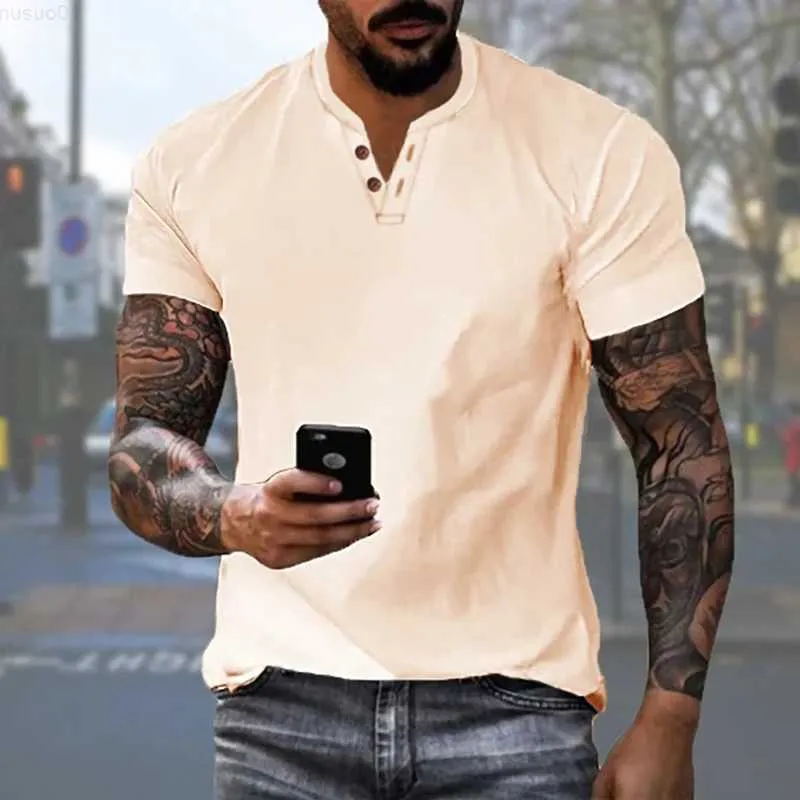 Men's T-Shirts Leisure Mens Cotton Linen T Shirt Summer Short Sleeve Loose Buttoned V Neck Solid Tee Clothes For Men Streetwear Pullover Tops L230715