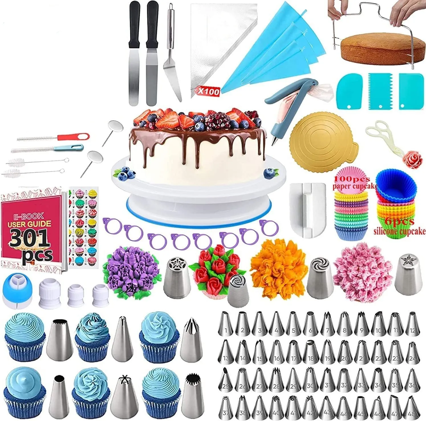 Cake Tools Decorating Kit 301 st -leveranser med skivspelare för konditor påse Ryska tips 230714