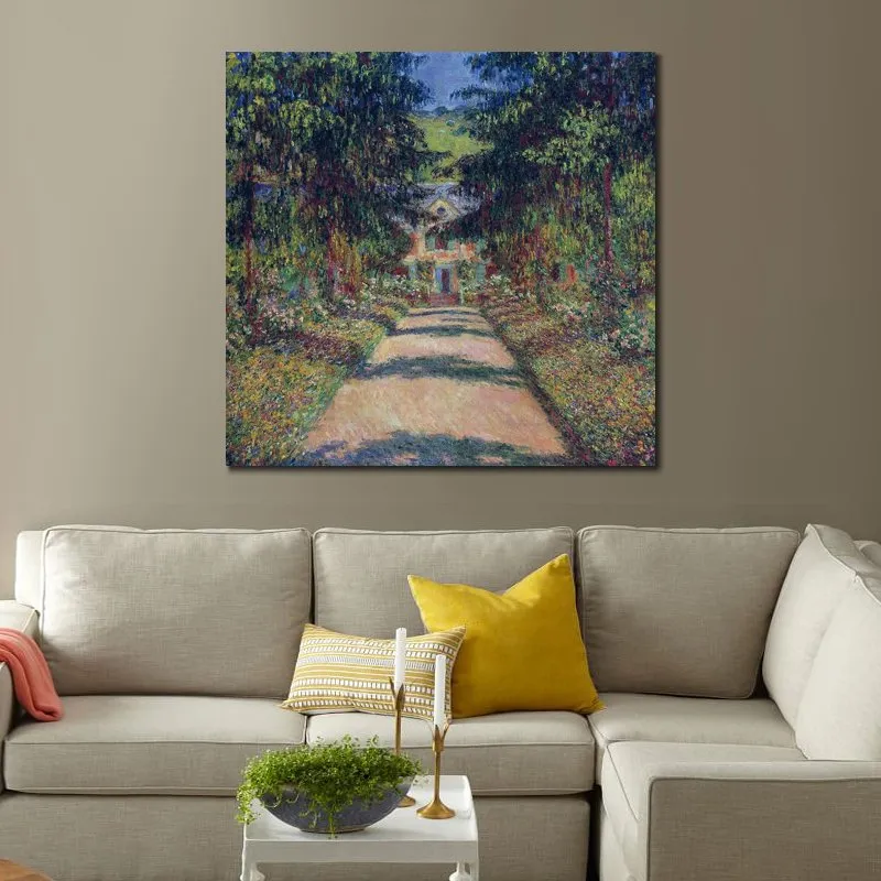 Handgeschilderde getextureerde canvas Art Pathway in Monets tuin in Giverny Ii Claude Monet schilderij stilleven eetkamer decor