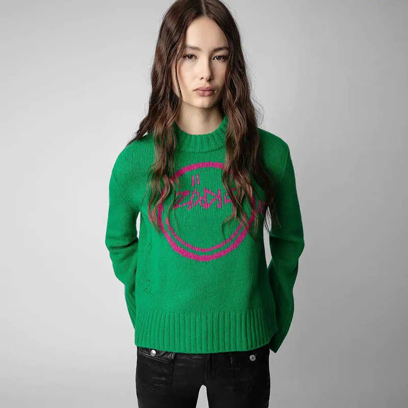 Outono e inverno novo francês zadigs voltaire rosto sorridente carta pendurado lã verde 100% lã camisola feminina melhor qualidade