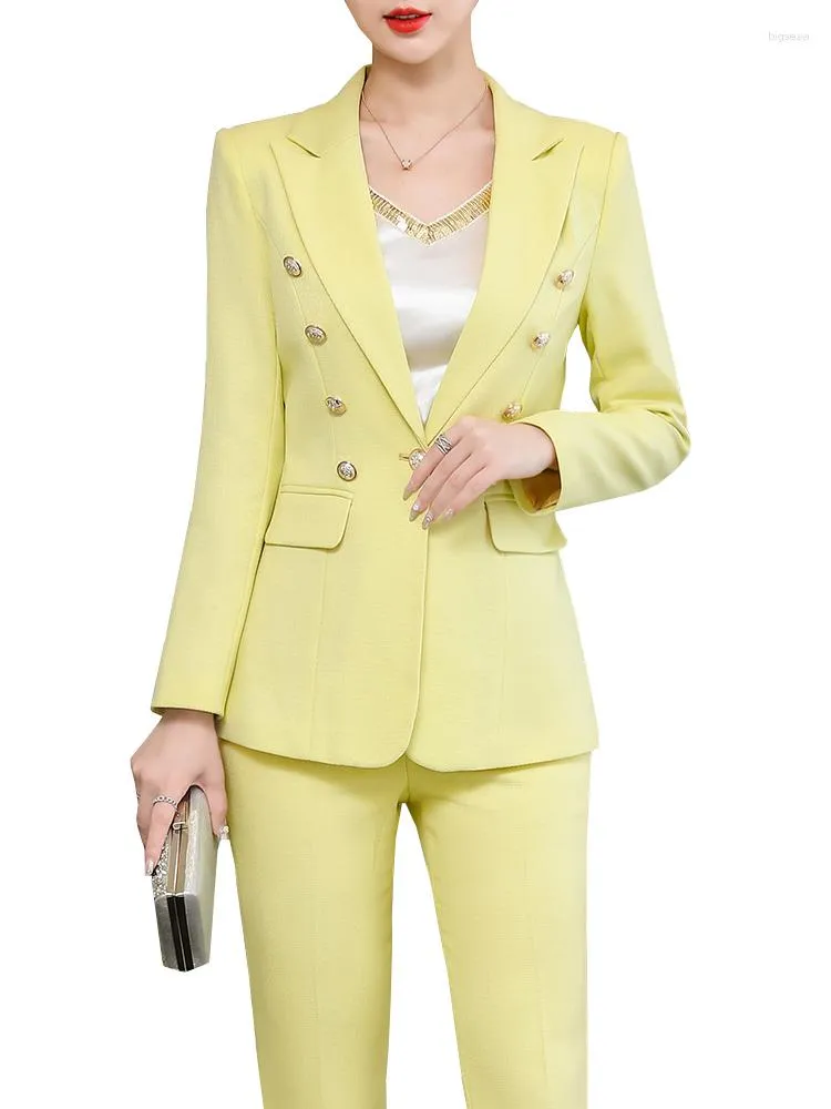 Calças femininas de duas peças, moda, amarelo, roxo, terno, roupas de trabalho, jaqueta e calça formal feminina, conjunto de 2 blazers