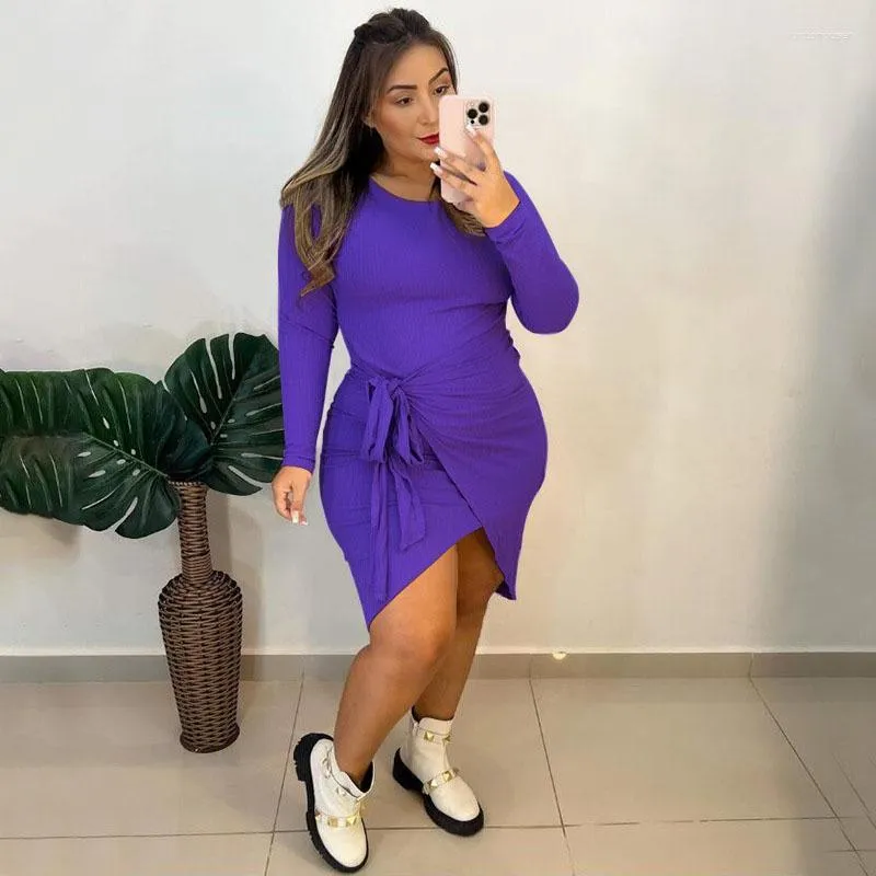 Plus Size Jurken WUHE Gedrapeerde Ruches Sexy Jurk Rib Knit Vrouwen Night Party O-hals Lange Mouwen Bodycon Elegante Club Mini