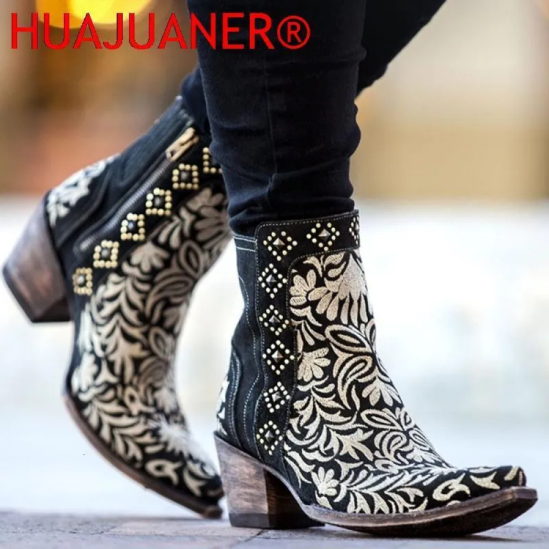 Stövlar Autumn Winter Ladies Boots Casual Embrodery Zipper Ankle Boots Rivet Western Pointed Toe Low-Heel Warm Boots For Ladies Shoes 230714