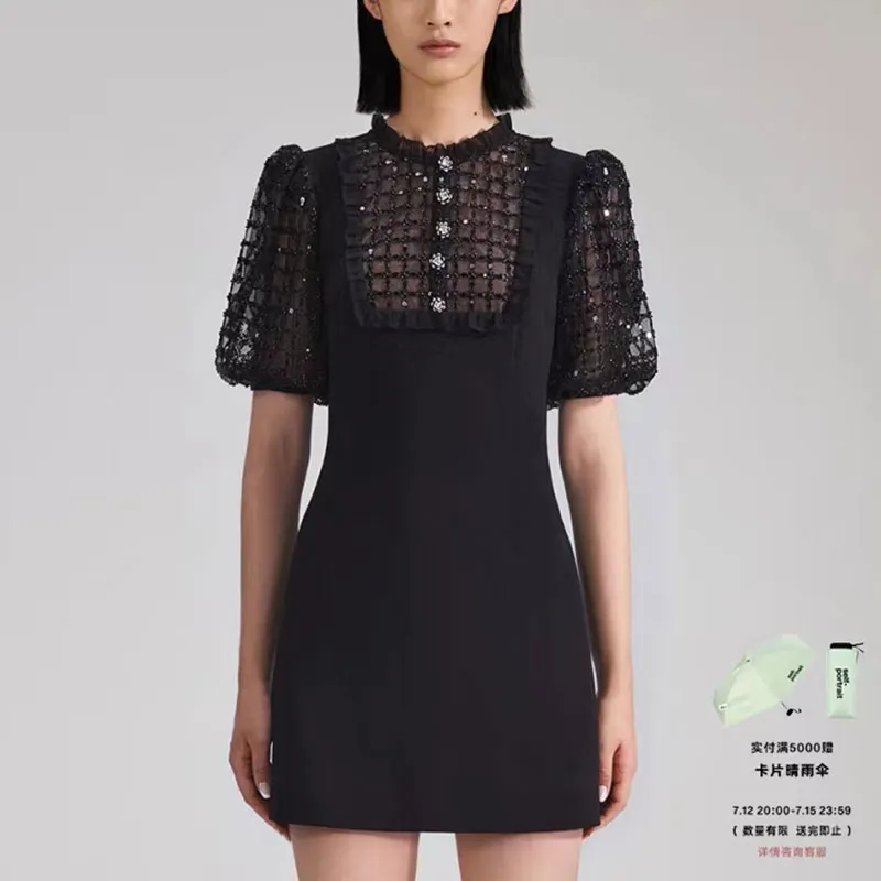デザイナー高度な女性デザイナー衣料ガーゼビーズスパンコールバブルスリーブウエストタイトな細い小さな黒いドレス