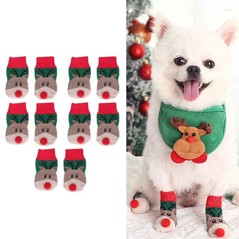 Dog Apparel 5 Sets Christmas Socks Fashionable Elk Pattern Dirt Proof Stretchy Warm Pet Protectors For Dogs Cats Party Clothing