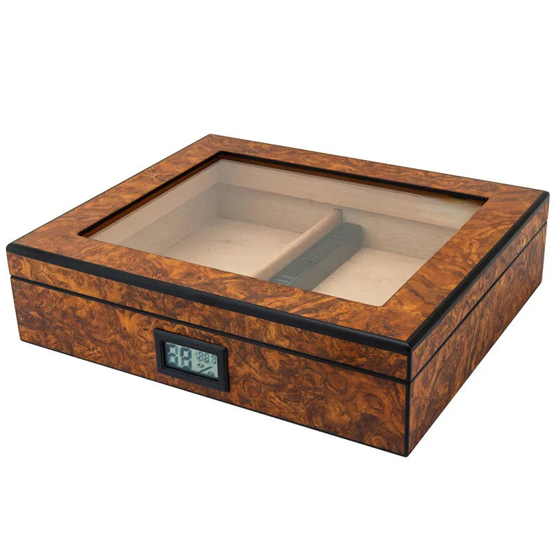 Cajas de humidificador de cigarros de madera de cedro de vidrio transparente de lujo Nueva caja de cigarros de madera portátil Caja de gabinete de humidificadores de cigarros de viaje superior de vidrio