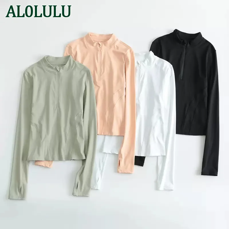 Al0lulu Yoga Clothing Jacket女性の長袖ハーフジッパータイトフィットランニングピラティストレーニングフィットネススポーツトップ