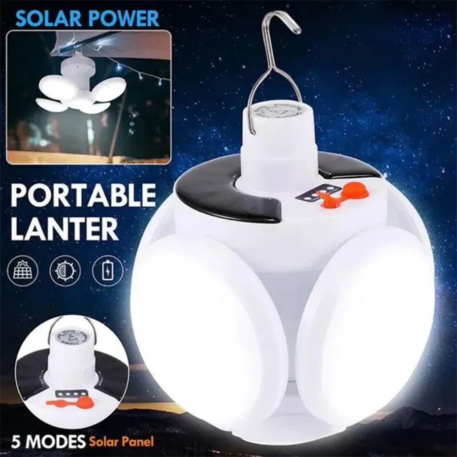 Luz plegable solar al aire libre USB portátil USB recargable Luces de búsqueda de bombillas LED Lámpara de emergencia de campamento para interrupciones de energía