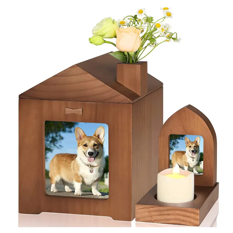 Pet Urns for Dogs Cats Ashes Dog Memorial Keepsake Wooden Urns with Photo Frame & Candle Holder Pet Funeral Cremation Urns Box Wood Caskets as Sympathy Gifts for Pet