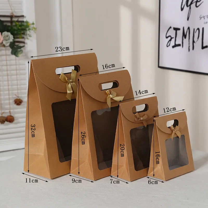 Opakowanie prezentów 32262016 cm Kraft Paper Portable prezentowa torba PVC Przezroczyste pakiety okienne torby na urodziny małej firmy