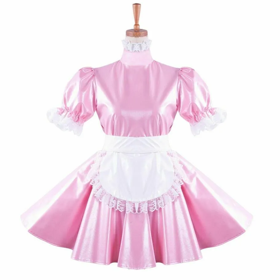 Vestido de empregada maricas de couro pérola rosa fantasia de cosplay de Halloween294i