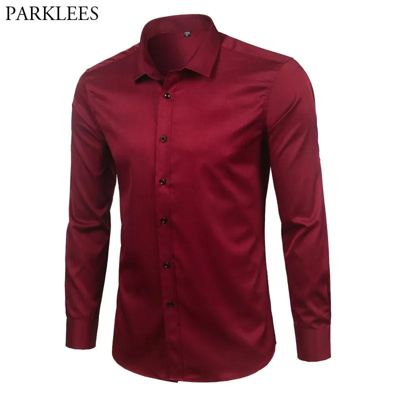 Coats Brand Wine Red Bamboo Fiber Mens Dress Shirts Slim Fit Long Sleeve Chemise Homme Casual Button Down Elastic Formal Male Shirt