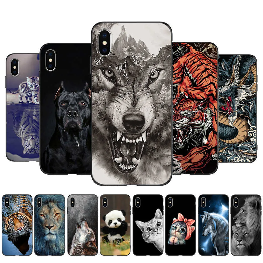 للحصول على غطاء سيليكون ناعم على iPhone XS XR على XS Max Coque Pumper Back Cover Black TPU Case Lion Wolf Tiger Dragon