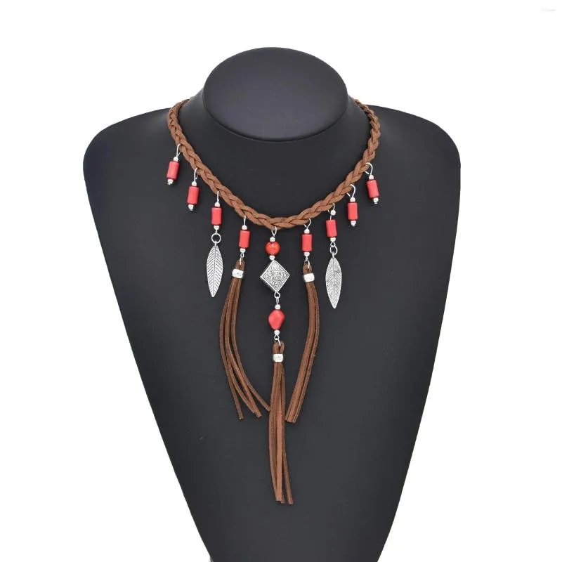 Chaînes faites à la main corde tissé cuir Turquoise pendentif collier bohème vêtements traditionnels tour de cou bijoux