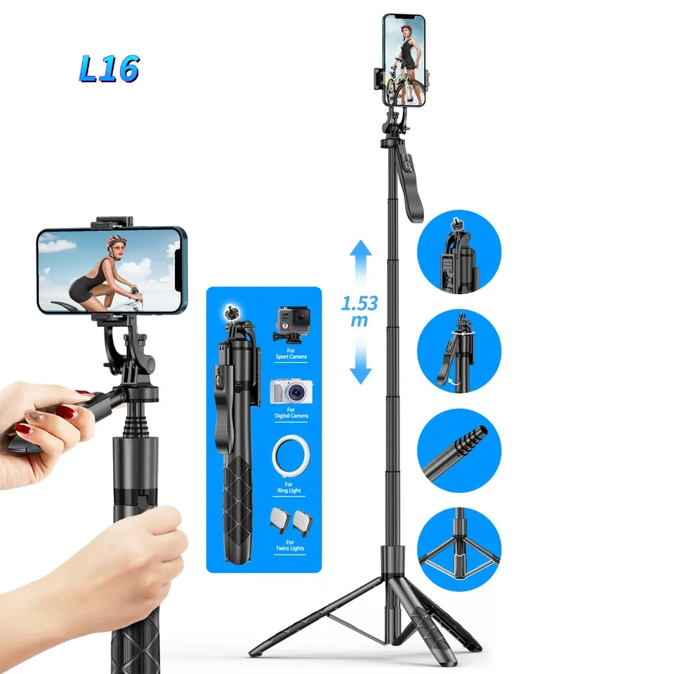2023 Ny L16 1,5 m lång Ultimate Black Pole Wireless Portable Paraply TripoD Selfie Stick With Tomple Power Switch Remote