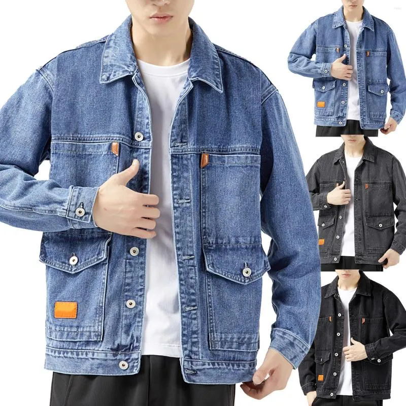 T-shirt da uomo Giacca da uomo Cappotto di peso medio piccolo Tasca da uomo alta manica lunga Tinta unita Tasca con risvolto Moda Camicia vintage in denim