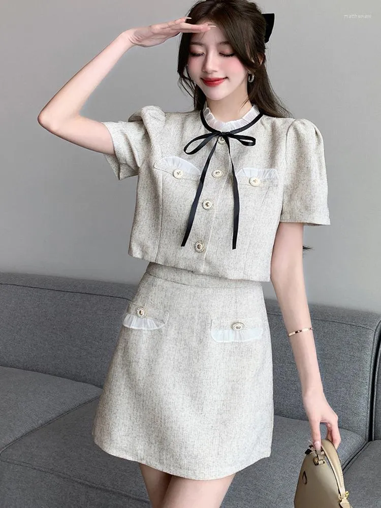 Work Dresses Summer For Women Small Fragrance Tweed 2 Piece Set Fashion Puff Short Sleeve Crop Tops & A-Line Mini Skirts Elegant Outfits