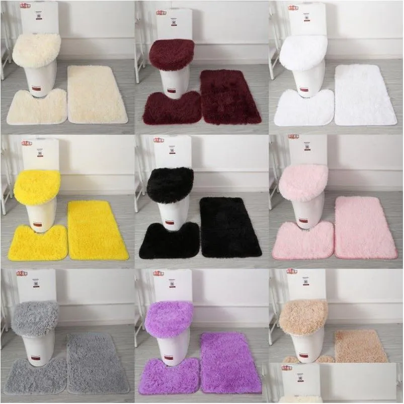 Bath Mats Solid Color Bathroom Mat Set Fluffy Hairs Carpets Modern Toilet Lid Er Rugs Kit 3Pcs/Set Rec 50X80 50X40 45X50Cm 843 D3 Dr Dhwcy