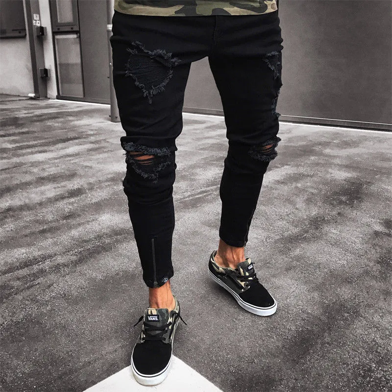 Mannen Jeans Fashion Ripped Skinny Vernietigd Verzwakte Slim Fit Denim Broek Rits Ontwerp Rechte Hip Hop Zwarte Broek 230715