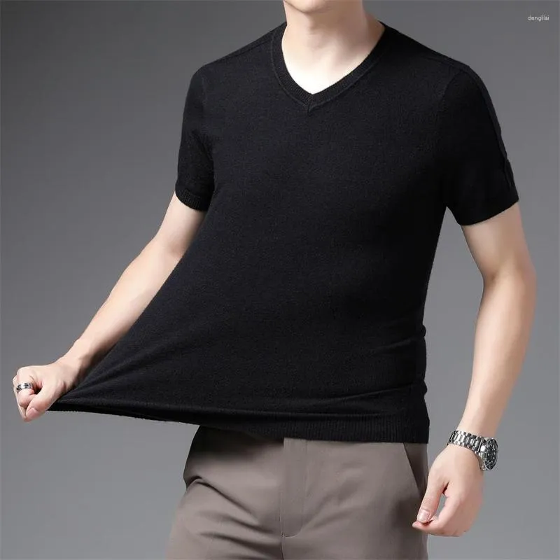 Herrtröjor Autumn Winter Short Sleeve For Men V-Neck Sticked Casual High Quality Soft Bekväm elastisk tjock lyx Pull Hommes