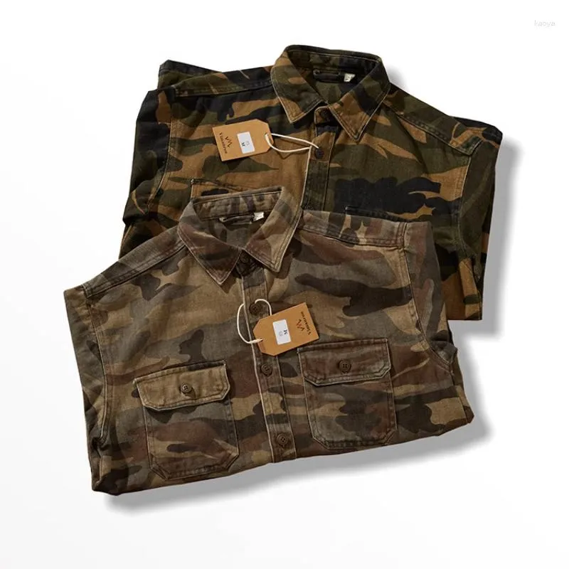 Mäns casual skjortor höst japansk retro vävd kamouflage last skjorta mode militär stil bomull tvättad dubbel ficka tunn jacka