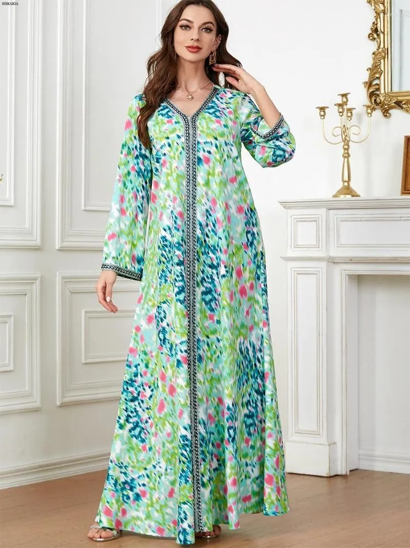 Ethnic Clothing Siskakia Maxi Dress For Women Summer 2023 Elegant Casual Tie Dye Print Tape Trim V Neck Long Sleeve Arab Muslim Clothes