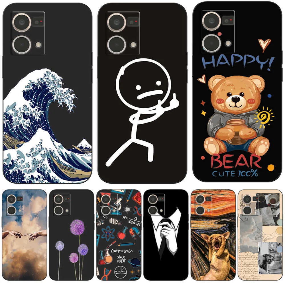 För Oppo Reno7 4G Case Silicon Back Cover Black TPU Case Dog Cat Flower Mönster