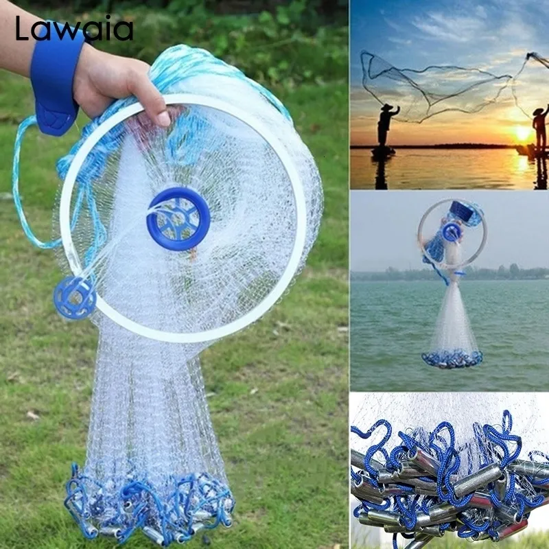 Fishing Accessories Lawaia Hand Cast Net Monofilament Fishing Line Folding Mesh Nylon Fishing Net Catch Fish Network Galvanized Steel Pendant 230715