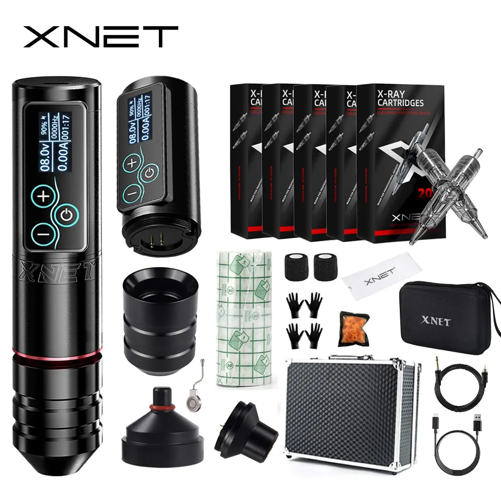 Tattoo Machine XNET Vane Wireless Tattoo Machine Kit Brushless Motor Tattoo Pen Kit with 2400mAh battery 100 premium mixed size ink cartridges 230715