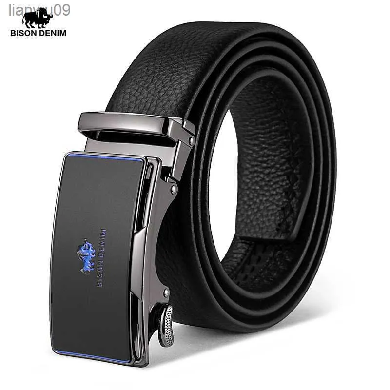 Bison Denim New Fashion Men Belt Cowskin Leather Business Automatic Buck Belt Cowhide for Jeans Men Design av hög kvalitet N71654 L230704