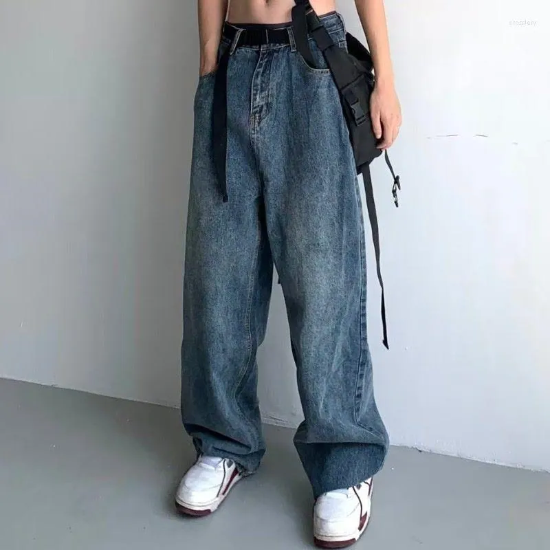 Jeans Feminino Y2K Harajuku Cintura Alta Azul Escuro Streetwear Calças Largas Retas Calças Hip-hop 90S 2023 Feamle