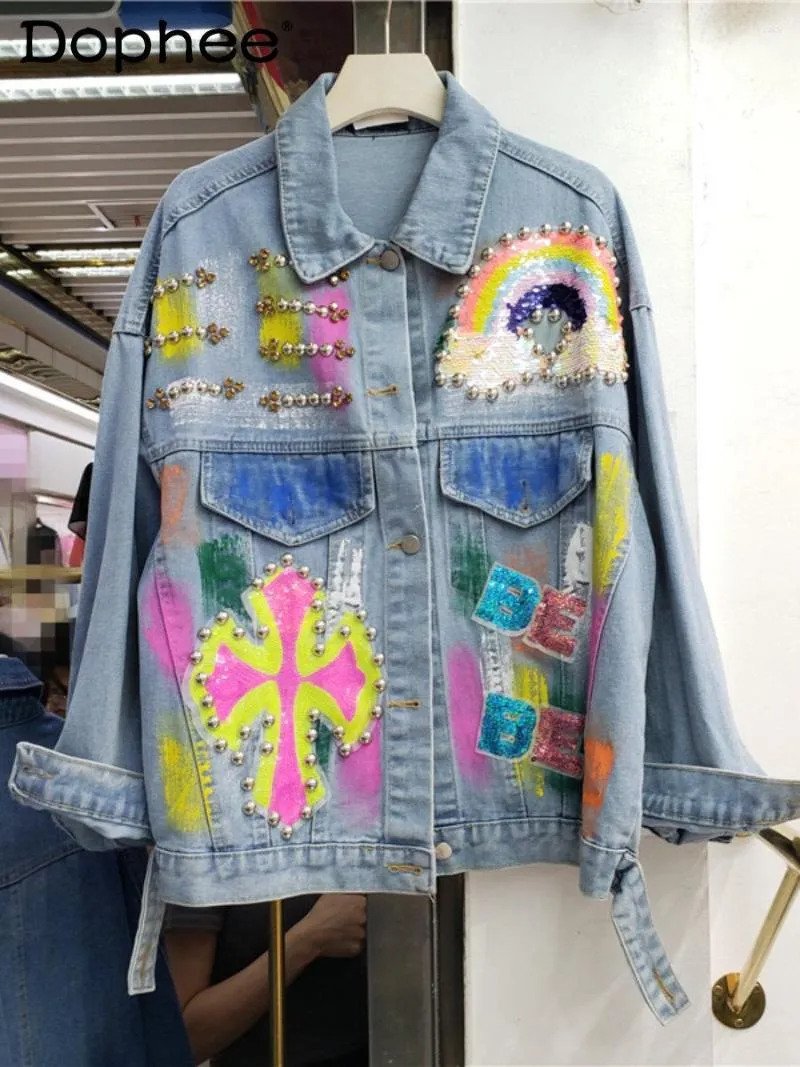 Kurtki damskie spersonalizowane płaszcz uliczny ciężkie hafty cekiny jeansowe płaszcze 2023 Autumn malowane luźne dżinsy hip hop
