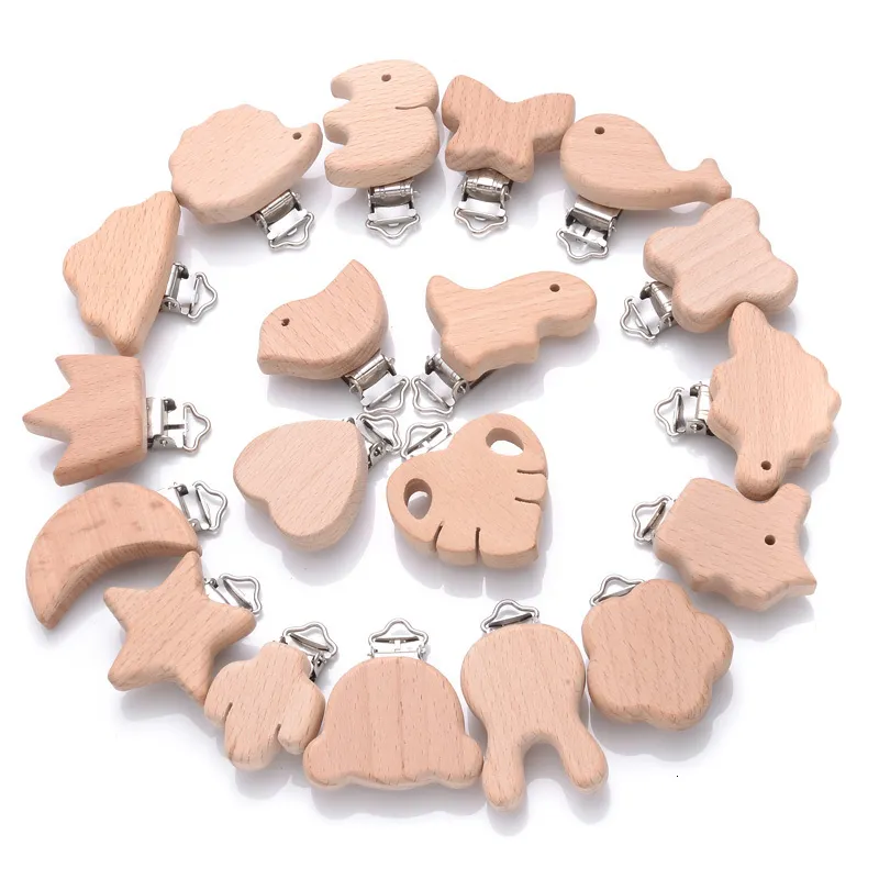 Baby Teethers Toys 10Pcs Nipple Chain Accessories Beech Wooden Pentagram Animal Pacifier Clip For Teether Care DIY Dummy Clips 230714