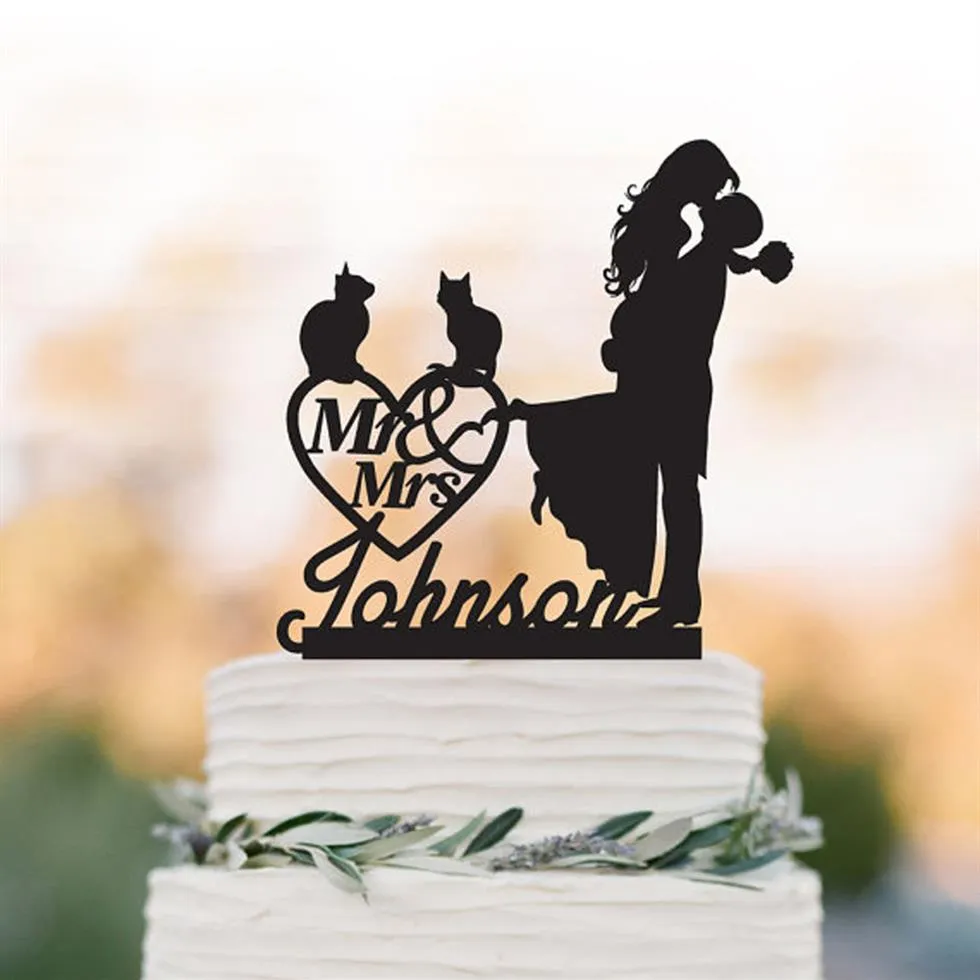 Kedi Kişiselleştirilmiş Düğün Pastası Topper Damat Kalın Gelin Mr ve MRS Kek Topper Özel Düğün Kalp Dekoru Topper 254y